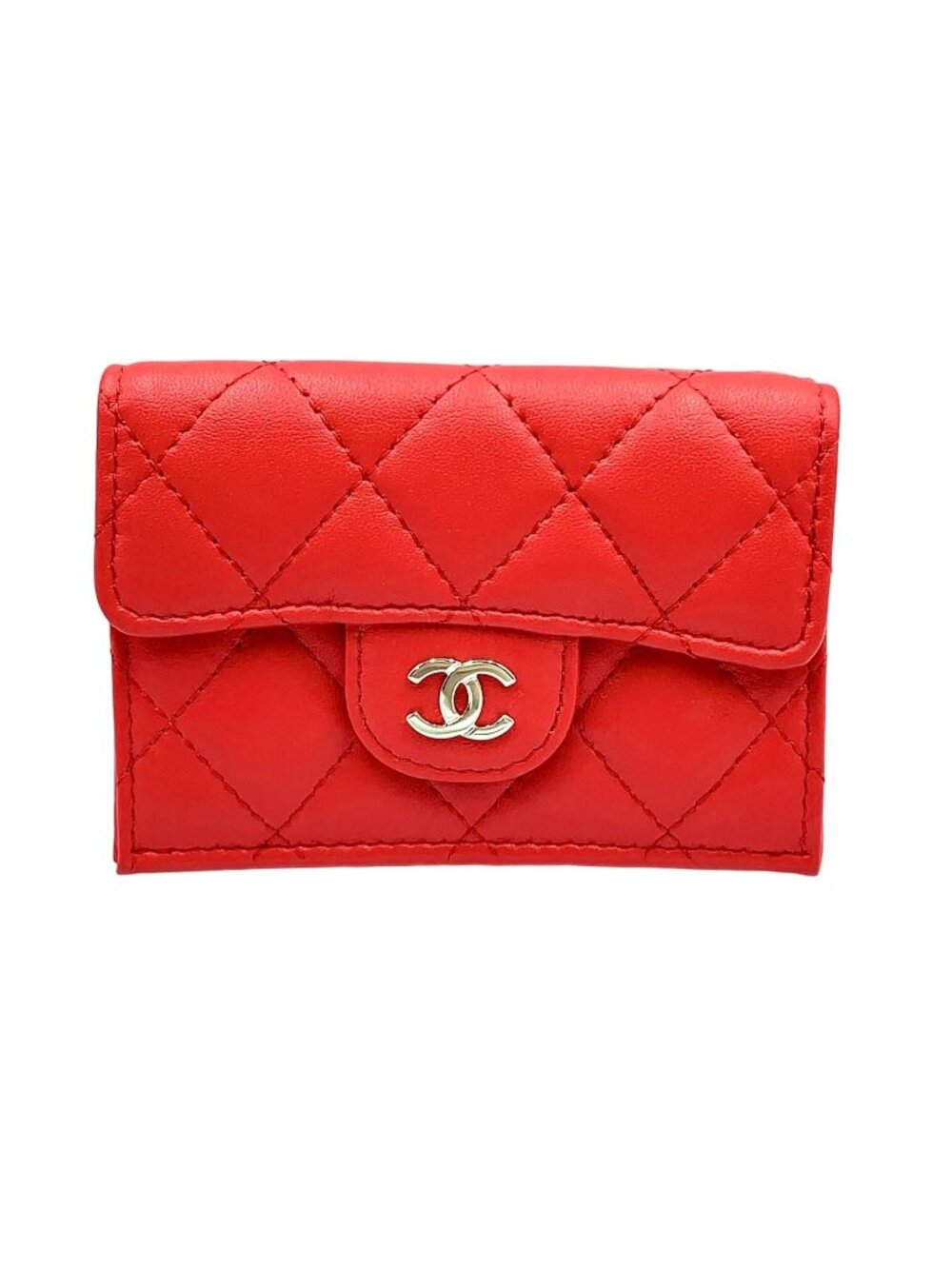 Chanel Quilted Flap Random Lambskin Red Trifold Wallet Silver